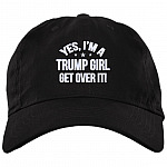 Yes I'm A Trump Girl Get Over It Twill Cap - High-Profile Snapback Hat - Trump Girl Trucker Hat, Black, Brushed Twill Dad Cap