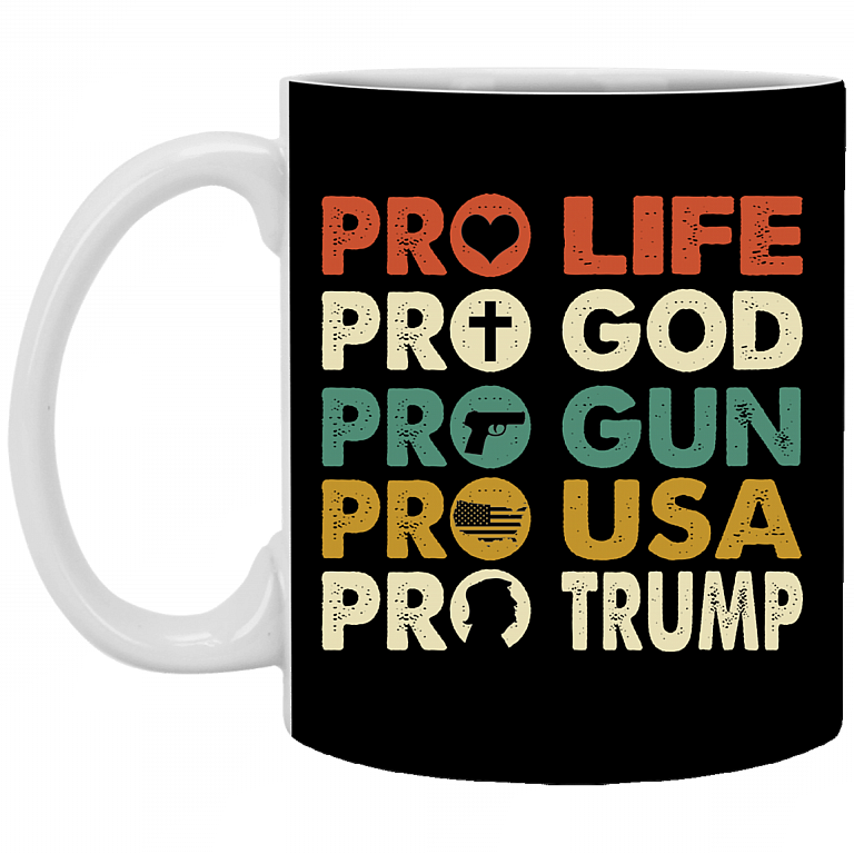 Trump 2020 Mug Pro Life God Gun USA MAGA Vintage Trump Mug - Patriotic American Support Trump Mug, Black, 11 oz. White Mug