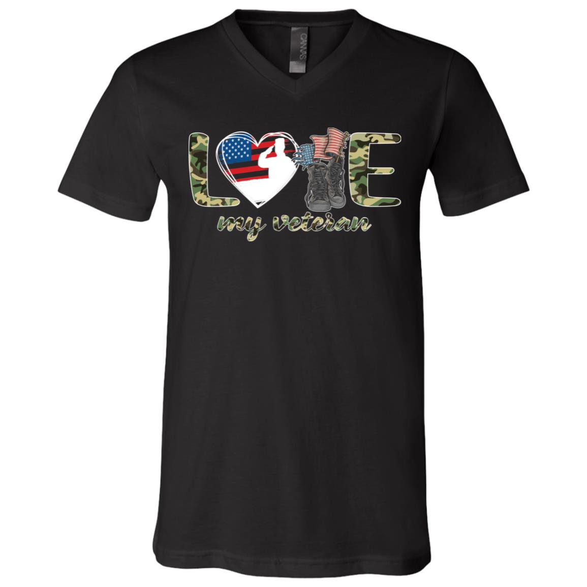 Love My Veteran - Veterans Day - Proud Patriotic Gift American Flag USA T-Shirt - V-Neck, Black, V-Neck T-Shirt