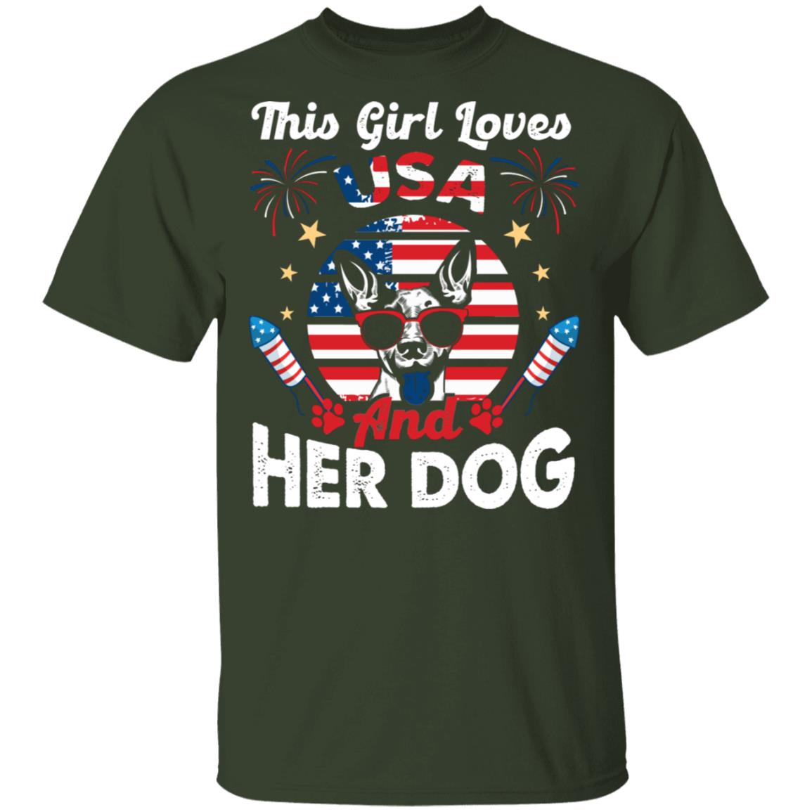 This Girl Loves USA and Her Dog T-Shirt - V-Neck Tee - Dog 4th of July Shirt, Forest, Unisex T-Shirt