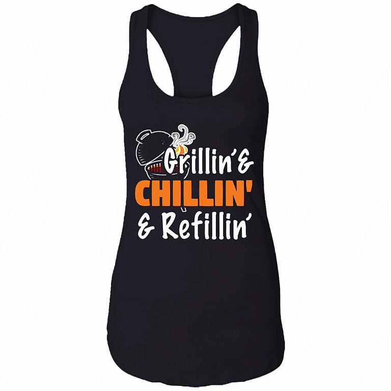 Grillin' and Chillin' and Refillin' Cotton Tank Top Tee - Ladies Racerback Tank for Women, Black, Ladies Racerback Tank