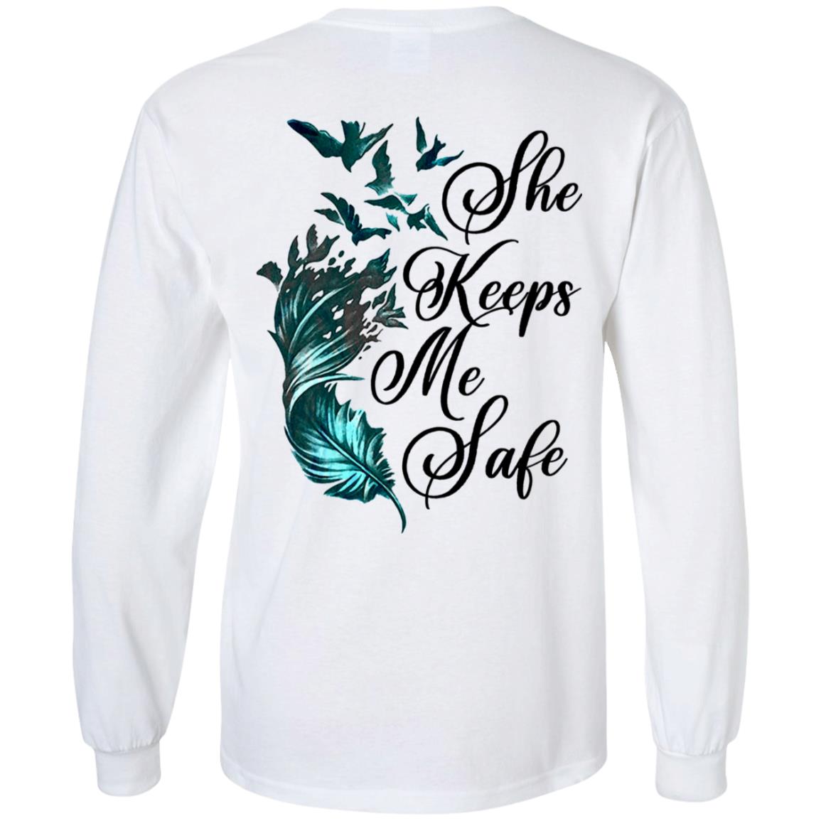 She Keeps Me Safe Feather Print On Back Hoodie - Plain Front - Sweatshirt - Long Sleeve, White, Long Sleeve