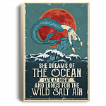 Mermaid She Dreams Of The Ocean Late At Night Canvas Poster - Funny Sarcastic Little Beach Salt Girl Wall Art, White, 0.75'' Framed Canvas
