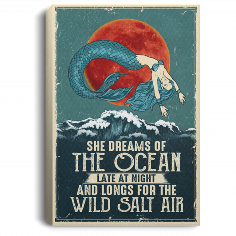 Mermaid She Dreams Of The Ocean Late At Night Canvas Poster - Funny Sarcastic Little Beach Salt Girl Wall Art, White, 0.75'' Framed Canvas