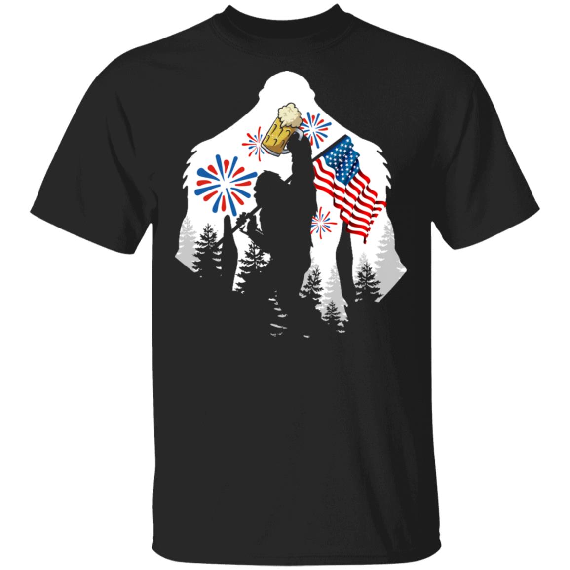 Bigfoot Drink Beer America Flag T-Shirt - Funny Bigfoot Shirt, Black, Unisex T-Shirt