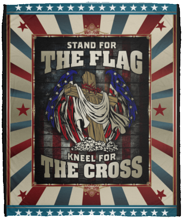 Stand For The Flag Kneel For The Cross American Flag Fleece Blanket - Premium Sherpa Blanket - Woven Blanket, White, Cozy Plush Fleece Blanket - 50x60