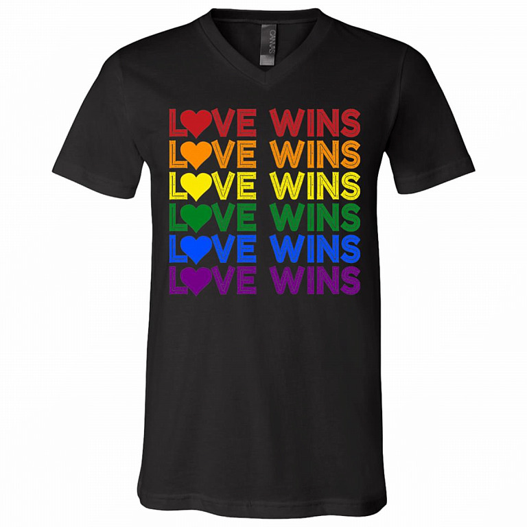 Love Wins Vintage Gay Pride T-Shirt - V-Neck Shirt - Lgbt Couple Matching Shirt, Black, V-Neck T-Shirt