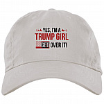 Yes I'm A Trump Girl Get Over It Twill Cap - High-Profile Snapback -Trucker Hat, White, Brushed Twill Dad Cap
