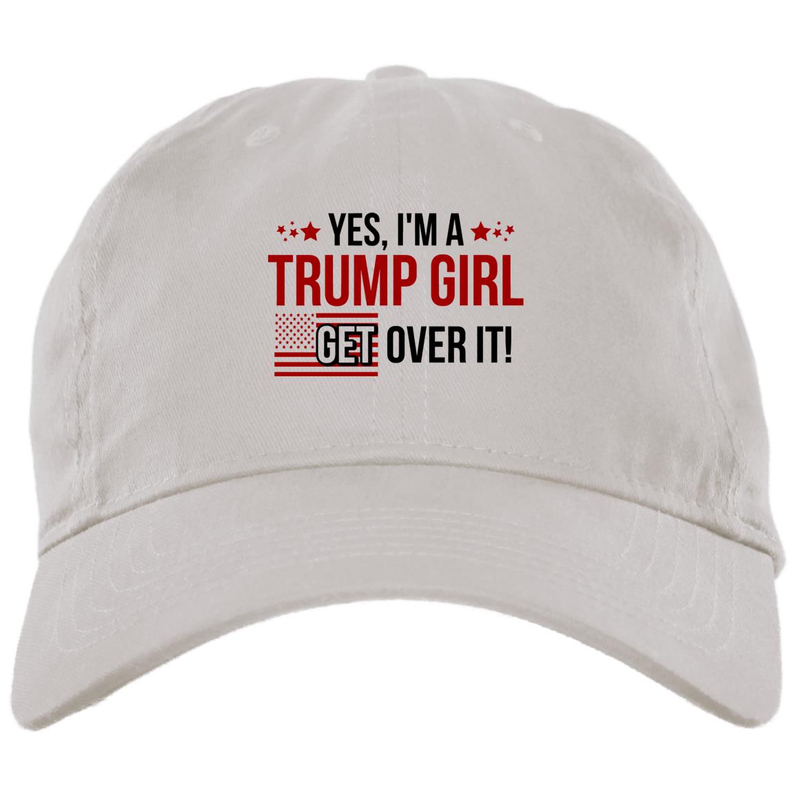 Yes I'm A Trump Girl Get Over It Twill Cap - High-Profile Snapback -Trucker Hat, White, Brushed Twill Dad Cap