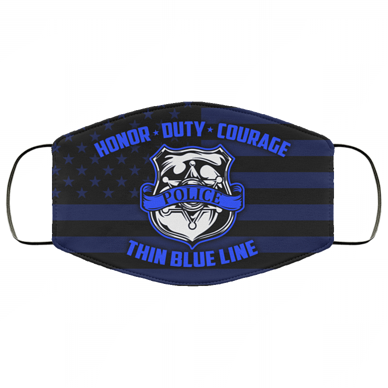 Honor Duty Courage Police Back The Blue Washable Reusable Custom – Printed Cloth Face Mask Cover, White, Cloth Face Mask