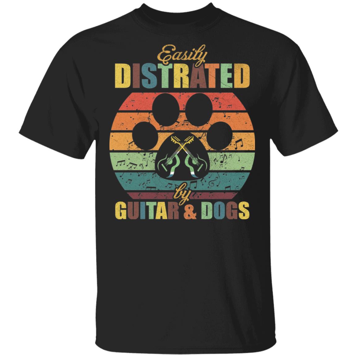 Easily Distracted By Guitar And Dogs Vintage T-Shirt - Funny Dogs Lover Saying Guitar Player Meme Retro Shirt, Black, Unisex T-Shirt