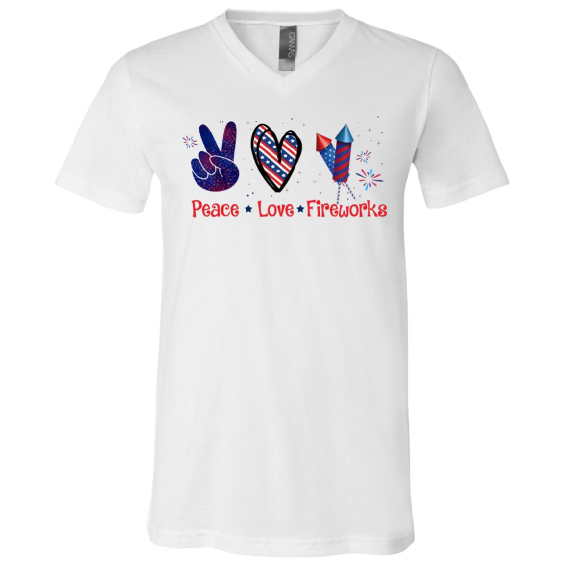 Peace Love Fireworks T-Shirt - V-Neck Tee - Retro American Fourth Of July Shirt, White, V-Neck T-Shirt
