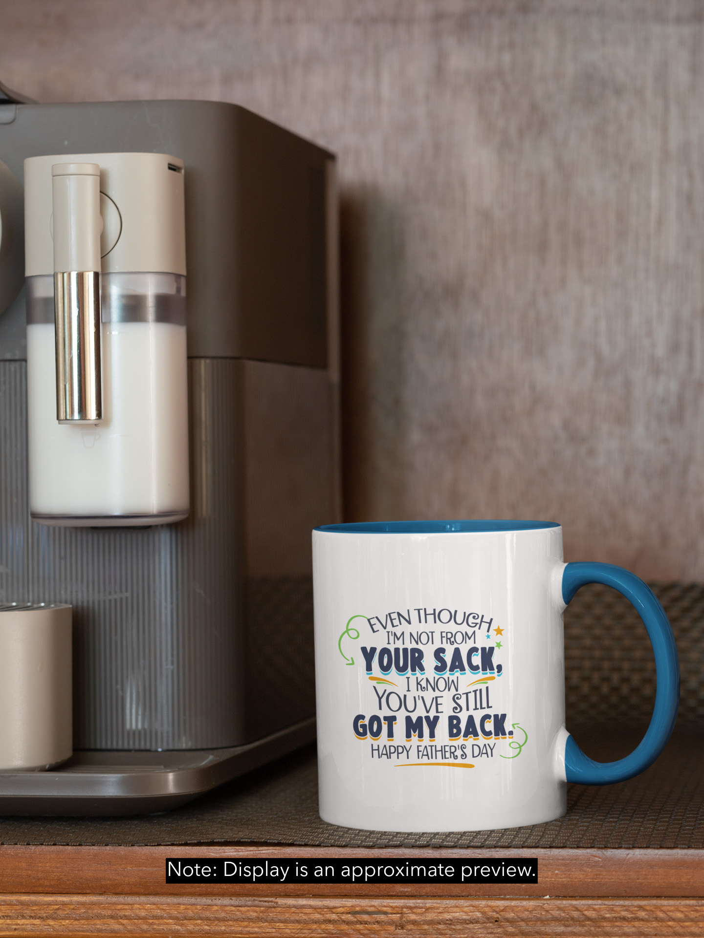 Even Though I'm Not From Your Sack Ceramic Accent Mug - I Know You've Still Got My Back Happy Father's Day Colored Coffee Mug-mockup-of-an-11-oz-coffee-mug-with-a-colored-rim-placed-next-to-an-espresso-machine