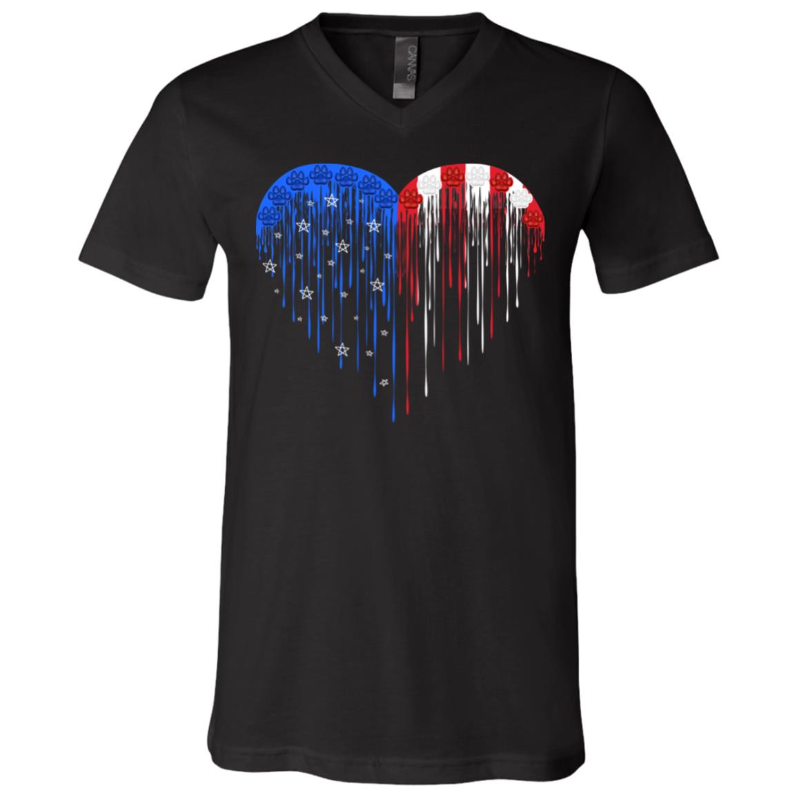 Dog Paws Heart American Flag T-Shirt - V-Neck - Dog Lover Shirt, Black, V-Neck T-Shirt
