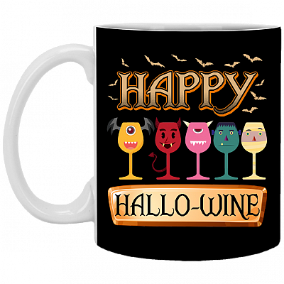 Happy Hallo-wine Funny Halloween Wine Ceramic Coffee Mug - Beer Stein, Black, 11 oz. White Mug