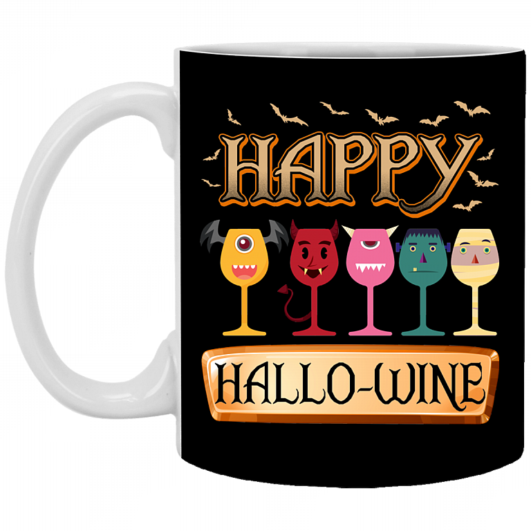 Happy Hallo-wine Funny Halloween Wine Ceramic Coffee Mug - Beer Stein, Black, 11 oz. White Mug