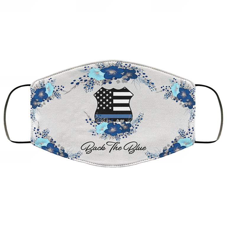 Back the Blue Floral Police Wife Washable Reusable Custom - Printed Cloth Face Mask Cover, White, Cloth Face Mask