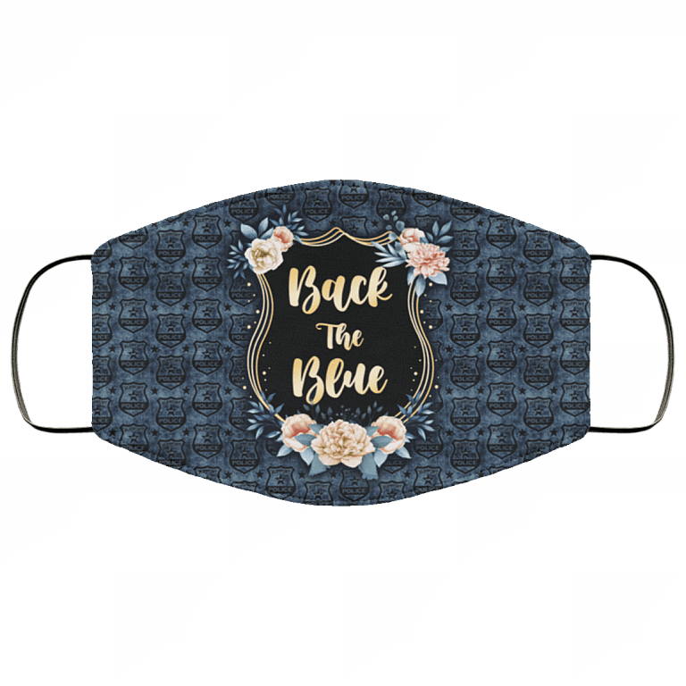 Back The Blue Floral Police Badge Washable Reusable Custom – Printed Cloth Face Mask Cover, White, Cloth Face Mask