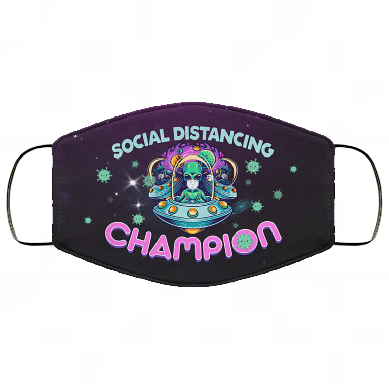 Alien Head Face on UFO Saying Social Distance Champion Washable Reusable Custom – Printed Cloth Face Mask Cover, White, Cloth Face Mask