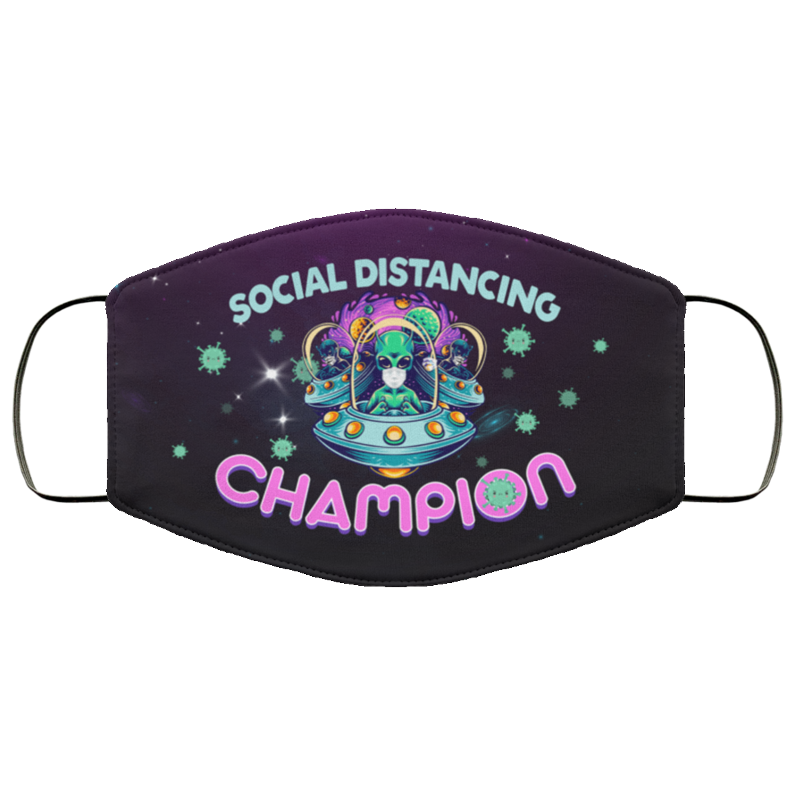 Alien Head Face on UFO Saying Social Distance Champion Washable Reusable Custom – Printed Cloth Face Mask Cover, White, Cloth Face Mask