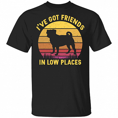 I've Got Friends In Low Places Pug T-Shirt - Funny Dog Dad Gift Shirt, Black, Unisex T-Shirt