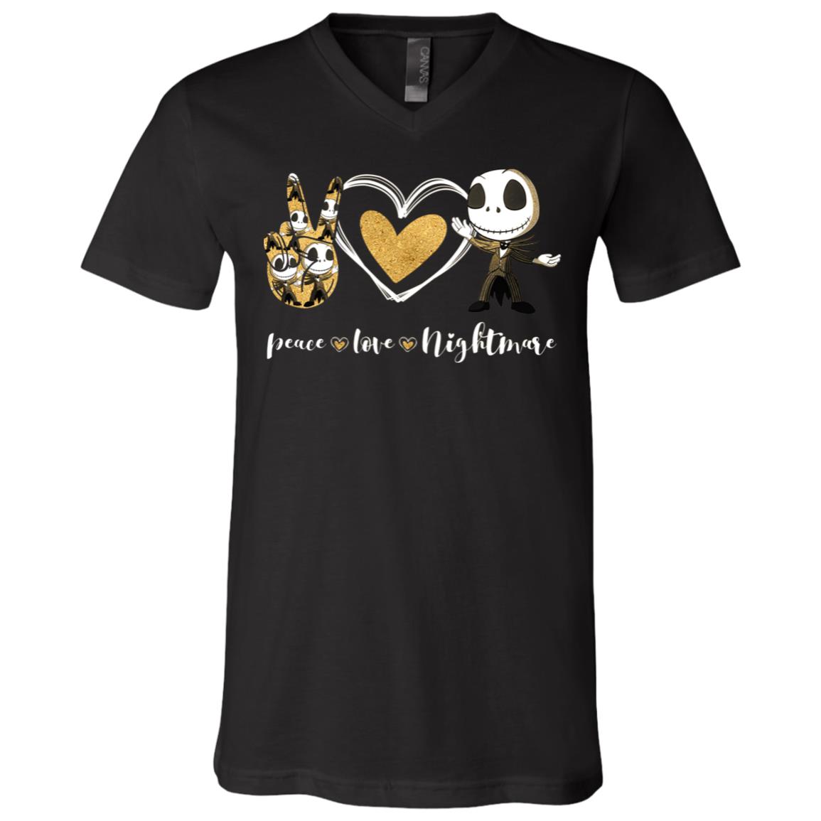 Peace Love Skellington Jack Cute Halloween T-Shirt - V-Neck, Black, V-Neck T-Shirt