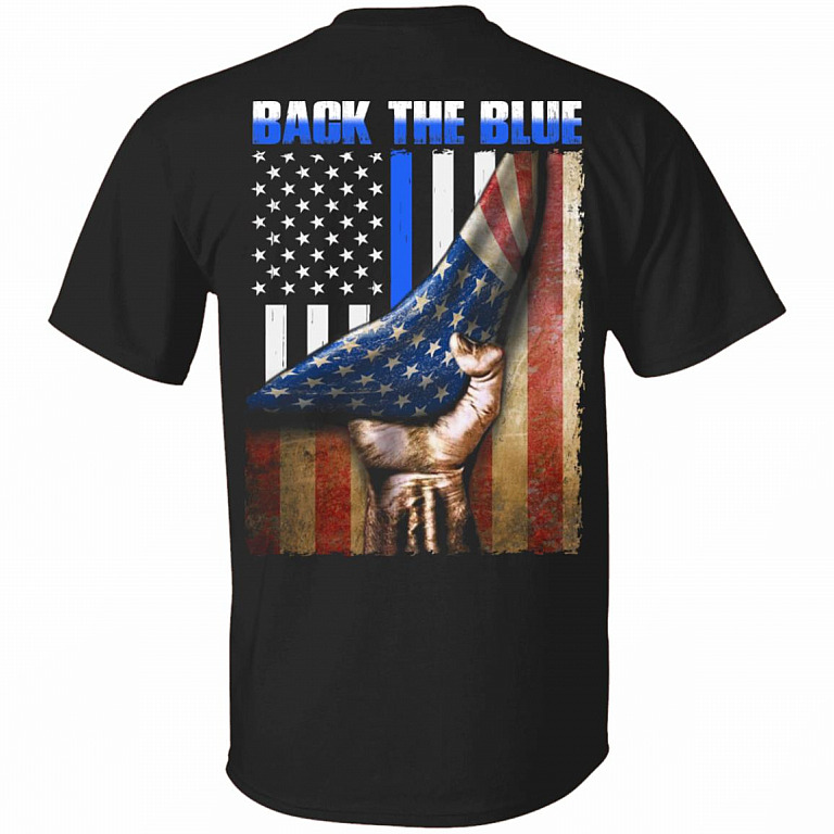 Back The Blue Police American Flag Print On Back Only - Plain Front T-Shirt - Proud Police Shirt, Black, Unisex T-Shirt