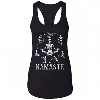 Namaste Skeleton Om Skull Yoga T-Shirt - Funny Halloween Woman's Yoga Cotton Tank Top - Racerback Tank, Black, Ladies Racerback Tank