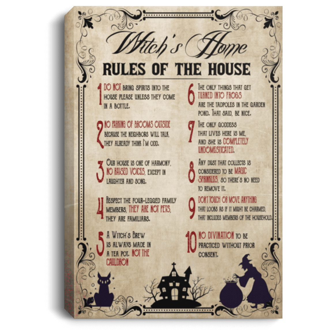 Witch Home Rules of The House Gallery Wrapped Framed Canvas Prints - Unframed Poster, White, 0.75'' Framed Canvas