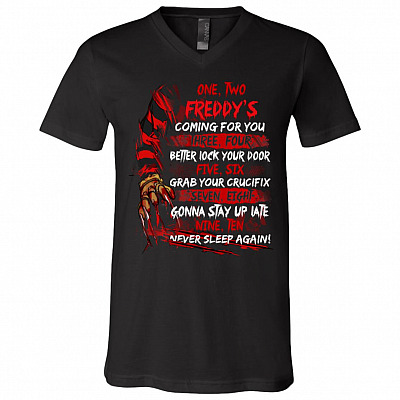 One Two Freddy's Coming to You Three Four Better Lock Your Door Horror Characters Gift T-Shirt - V Neck, Black, V-Neck T-Shirt