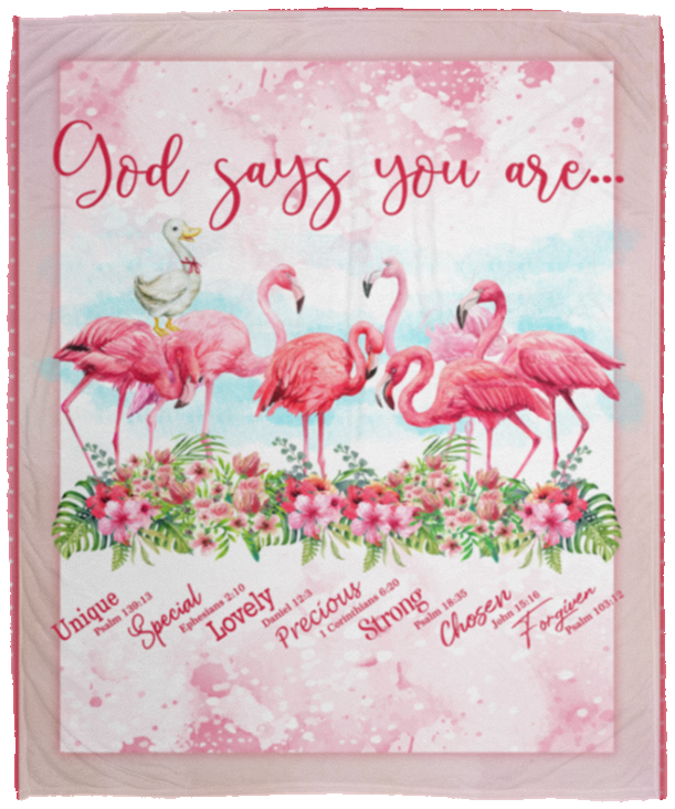 God Says You Are - Flamingo Blanket - Bible Verse Fleece Blanket - Sherpa Blanket - Woven Blanket, White, Cozy Plush Fleece Blanket - 50x60