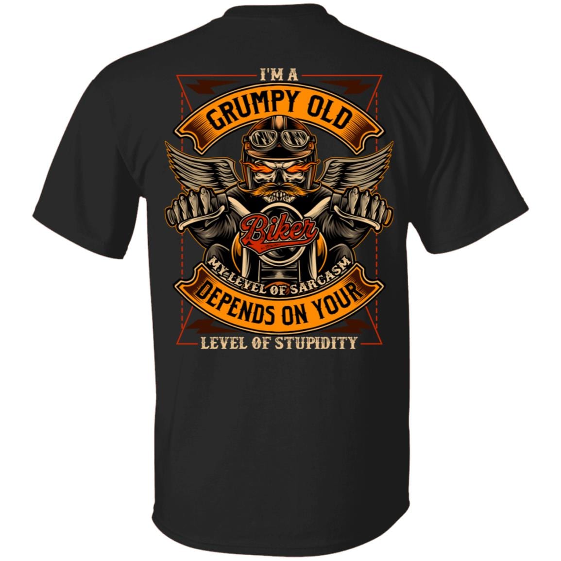 I'm A Grumpy Old Biker My Level Of Sarcasm Depends On Your Level Of Stupidity Plain Front - Print On Back T-Shirt, Black, Unisex T-Shirt
