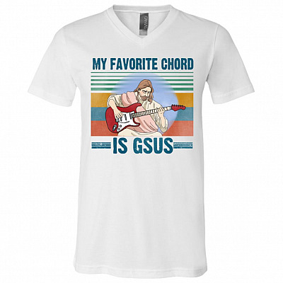 Jesus My Favorite Chord Is Gsus Funny Electric Guitar T-Shirt - V-Neck Shirt, White, V-Neck T-Shirt