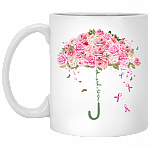 Umbrella Roses Never Give Up Pink Breast Cancer Ribbon Awareness Month Coffee Mug - Beer Stein - Water Bottle, White, 11 oz. White Mug