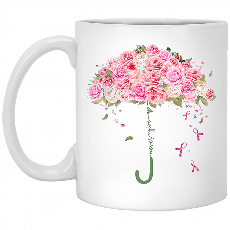 Umbrella Roses Never Give Up Pink Breast Cancer Ribbon Awareness Month Coffee Mug - Beer Stein - Water Bottle, White, 11 oz. White Mug
