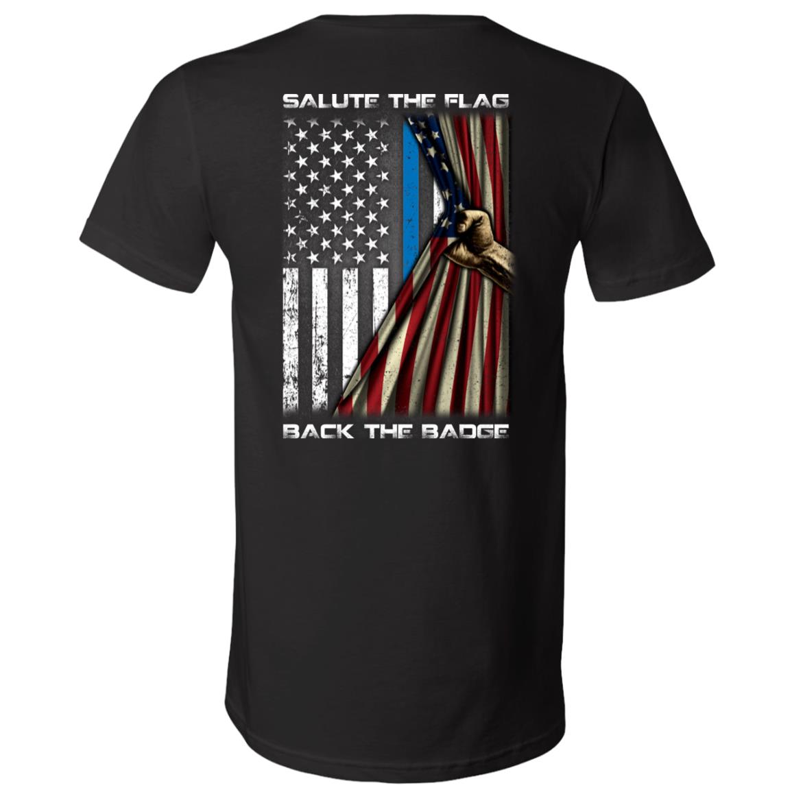 Salute The Flag Back The Badge Plain Front - Print On Back Only T-Shirt - V-Neck Shirt - Support Police Shirt, Black, V-Neck T-Shirt