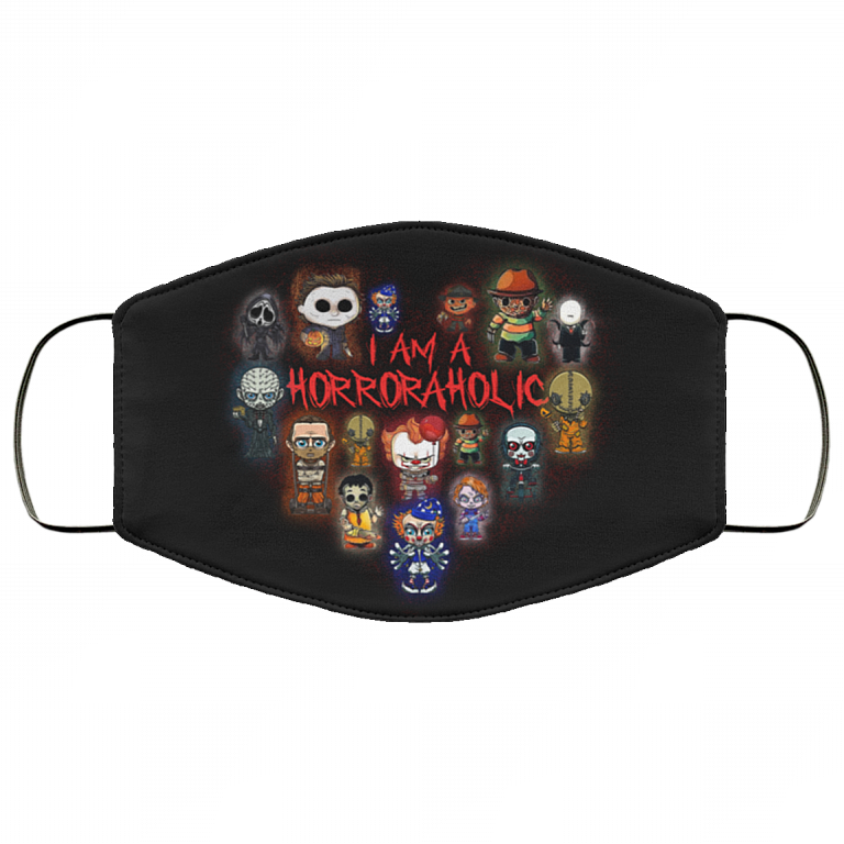 I Am A Horroraholic Horror Movies Lover Characters Washable Reusable Custom – Printed Cloth Face Mask Cover, Black, Cloth Face Cover