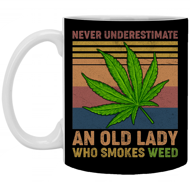 Never Underestimate an Old Lady Who Smokes Weed Coffee Mug - Beer Stein - Water Bottle, Black, 11 oz. White Mug