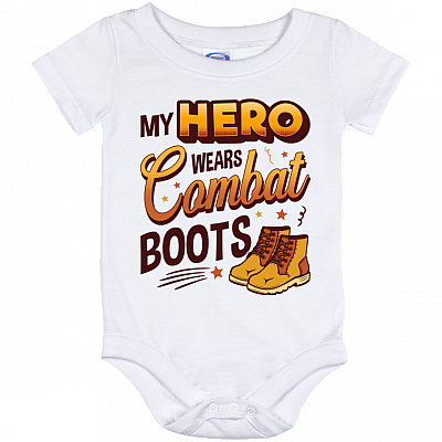 My Hero Wears Combat Boots Baby Onesie - Baby Infant Bodysuit, White, Baby Onesie - 12 Month