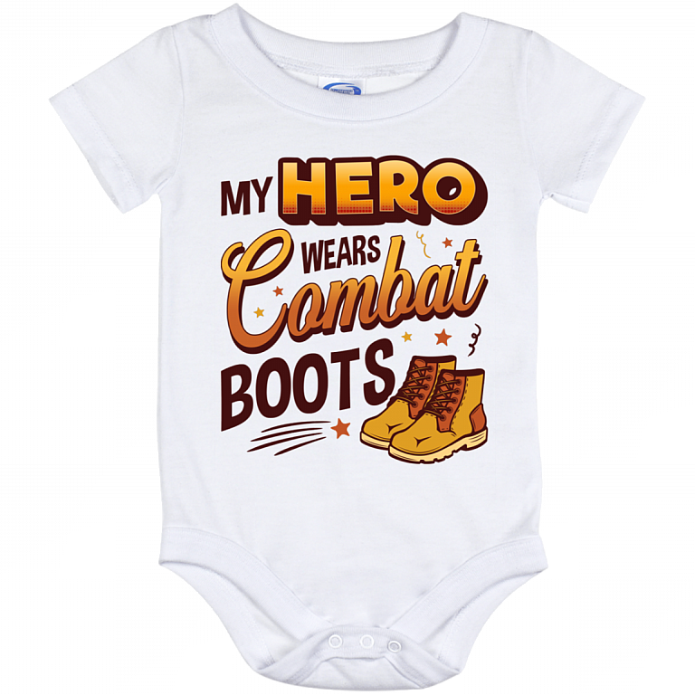 My Hero Wears Combat Boots Baby Onesie - Baby Infant Bodysuit, White, Baby Onesie - 12 Month