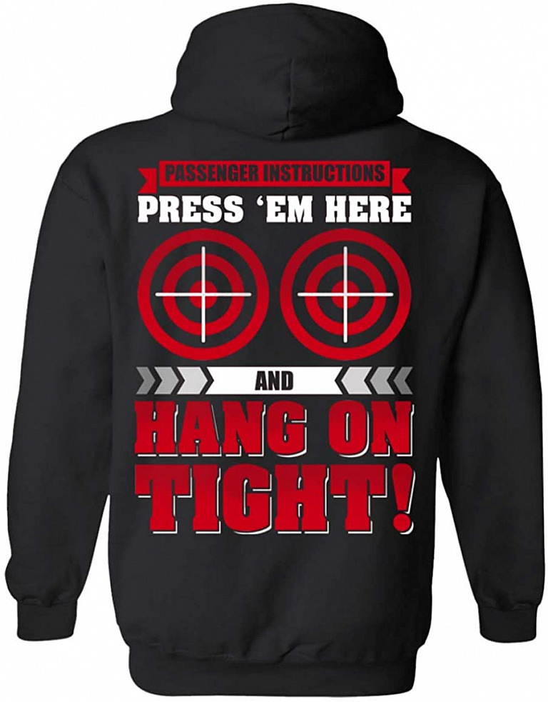 Passenger Instructions Press' Em Here and Hang On Tight Men's Biker Print On Back T-Shirt, Hoodie, Black