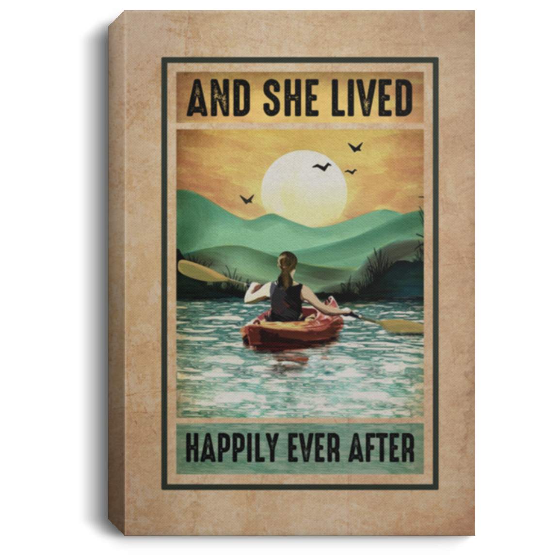 Kayak And She Lived Happily Ever After Gallery Wrapped Framed Canvas Prints - Unframed Poster - Decor Wall Art, White, 0.75'' Framed Canvas