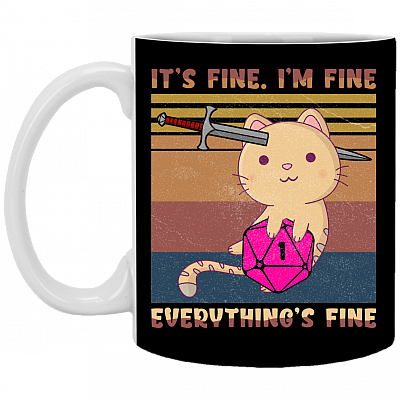 Dungeon Meowster It's Fine I'm Fine Everything Fine D&D Vintage Retro Coffee Mug - Beer Stein - Water Bottle, Black, 11 oz. White Mug