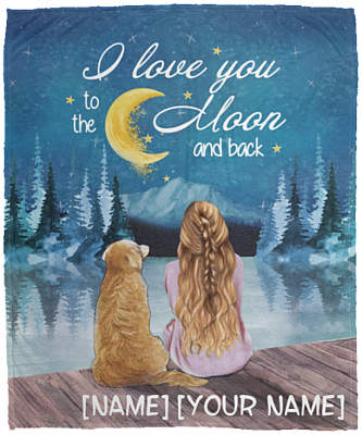 Personalized I Love You to the Moon and Back Golder Retriever Dog Lovers Fleece Blanket - Mink Sherpa Blanket, White, Cozy Plush Fleece Blanket - 50x60