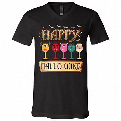 Happy Hallo-wine T-Shirt - V-Neck Shirt - Funny Halloween Wine Shirt, Black, V-Neck T-Shirt