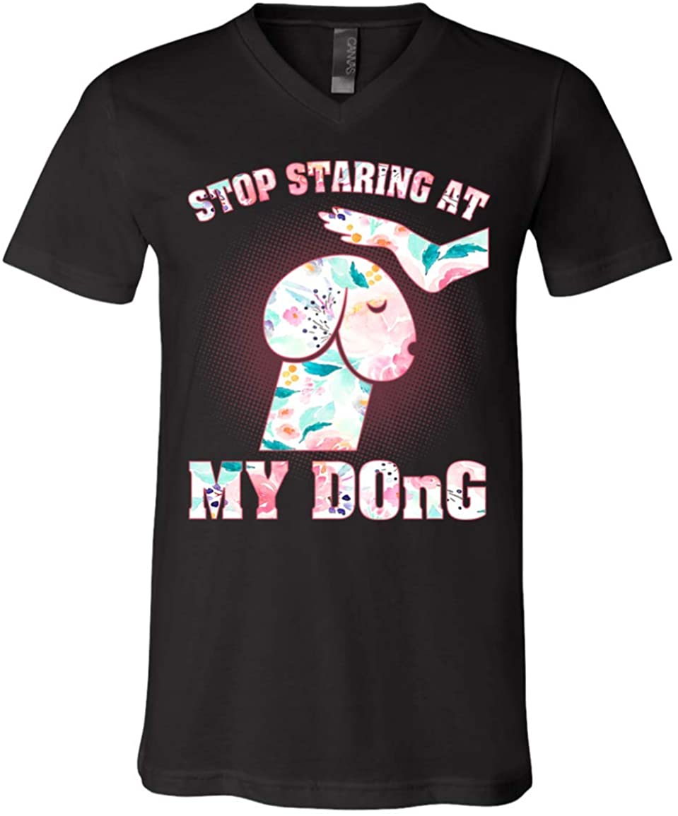 Stop Staring at My Dog Funny T-Shirt - Dong V-Neck Shirt, V-neck T-Shirt, Black