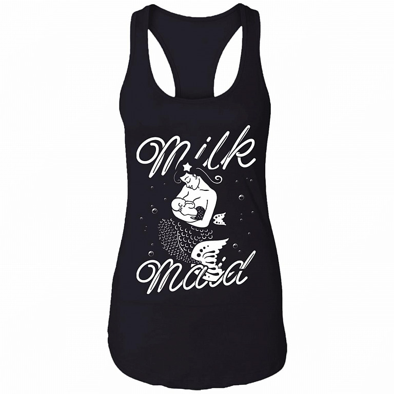 Milk Maid Breastfeeding Funny Mom Mermaid Momlife Motherhood Cotton Tank Top - Racerback Tank, Black, Ladies Racerback Tank