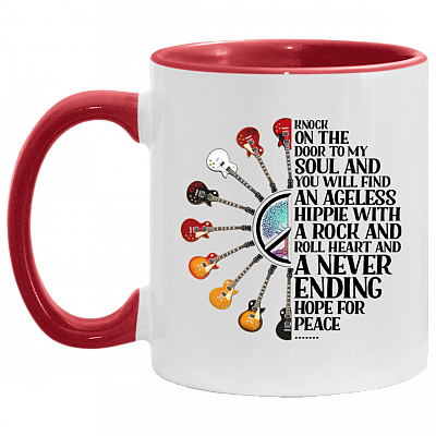 Knock On The Door To My Soul And You Will Find An Ageless Hippie Accent Mug, White/Red, 11 oz. Accent Mug