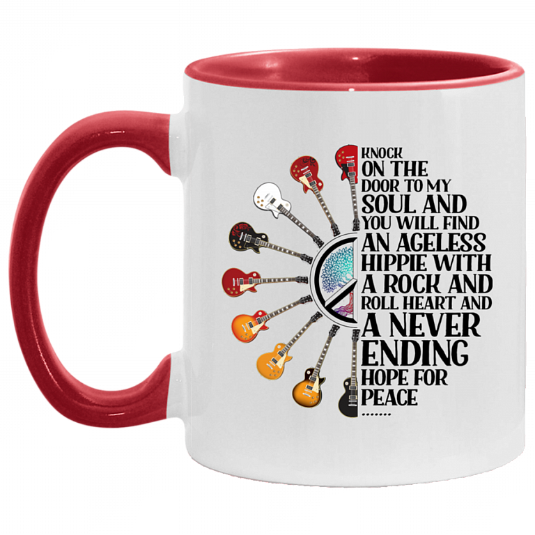 Knock On The Door To My Soul And You Will Find An Ageless Hippie Accent Mug, White/Red, 11 oz. Accent Mug