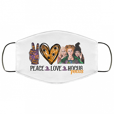 Peace Love Three Witches Hocus Pocus Halloween Washable Reusable Custom Printed Cloth Face Mask Cover, White, Cloth Face Cover